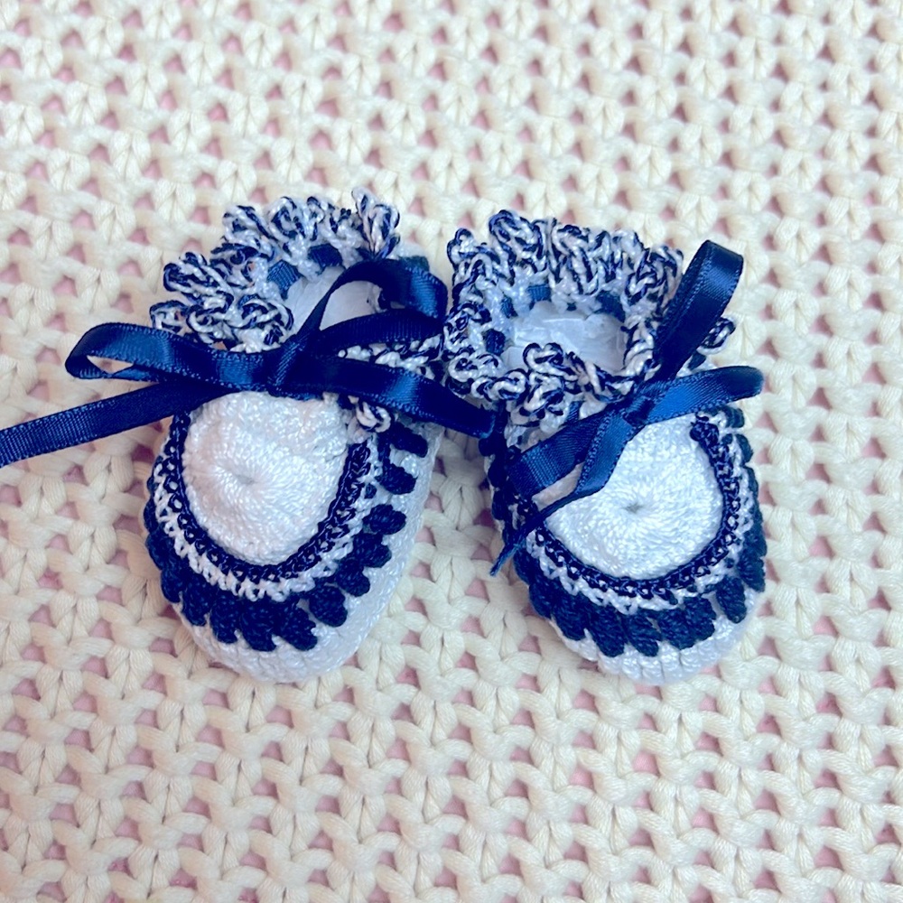 Newborn Baby Boy Navy & White Handmade Booties